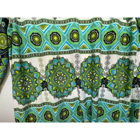 Maggy London Womens Geo Midi Shift Dress Size 12 Green Blue 3/4 Sleeve Work Boho - Picture 5 of 12